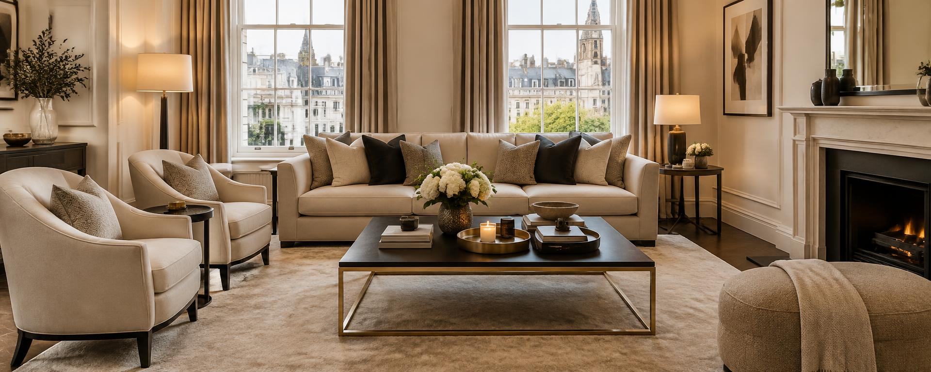 Cosy, professionally presented luxury London living room with an elegant seating area and coffee table.